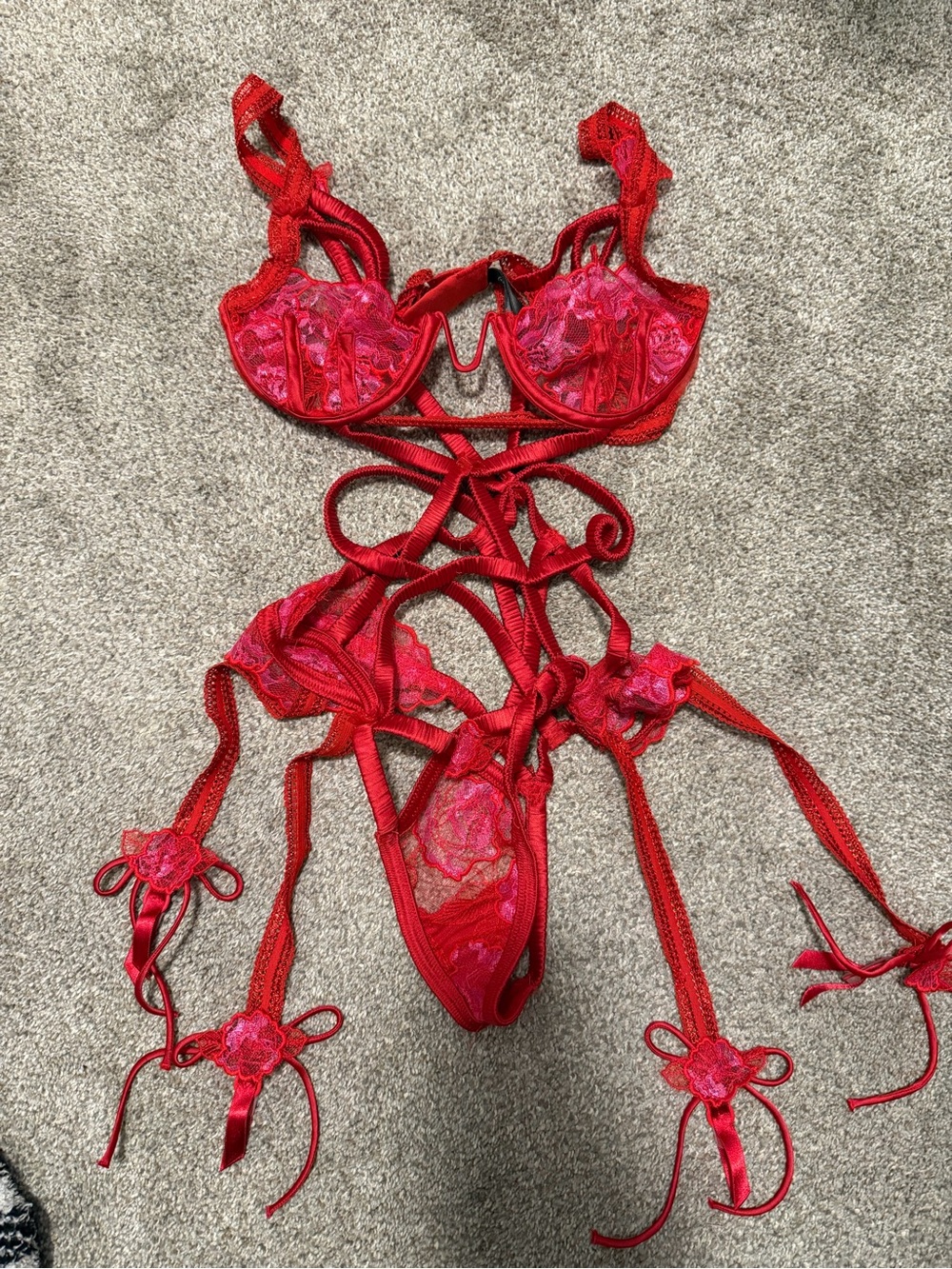 For Love & Lemons Red Lace Strappy Teddy Bodysuit